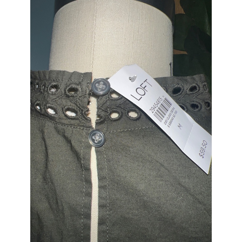 LOFT Womens Olive Green Mock Neck Eyelet Embroidered Long Sleeve Blouse Top M - Picture 6 of 8